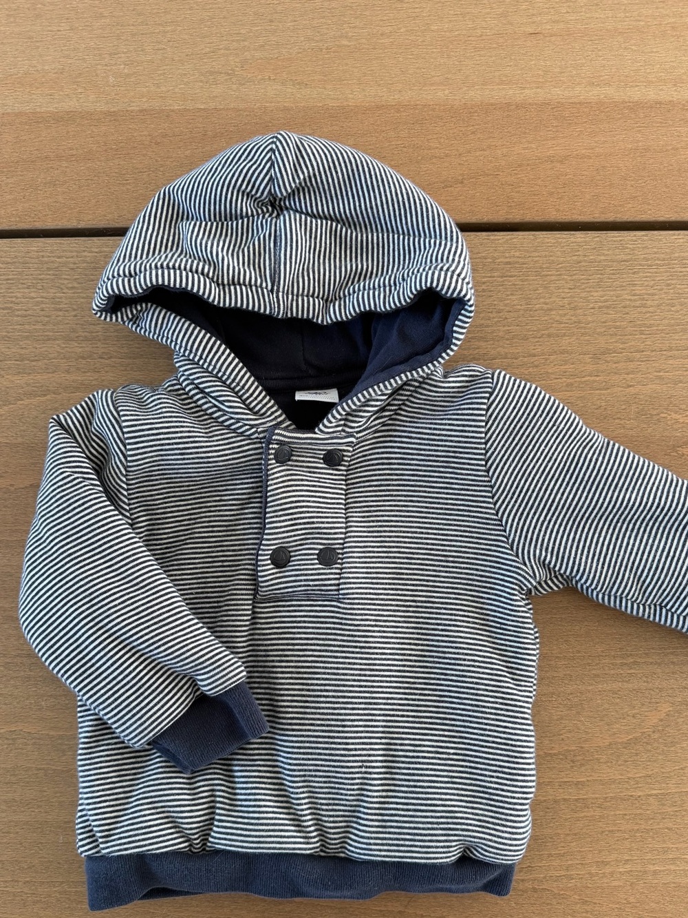 PETIT BATEAU 18 months, Striped Navy & White Thick Hooded Pullover for babies